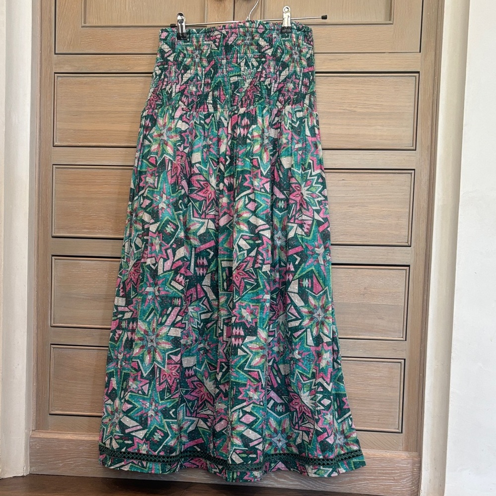 Smocked Waist Floral-Print Maxi Skirt in Green and Pink